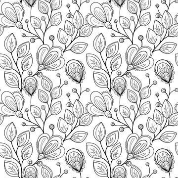 Monochrome Seamless Pattern with Abstract Flowers and Leaves Stock Illustration
