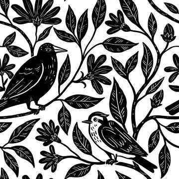 Monochrome seamless pattern with birds on blooming branches. Hand-drawn vec.. Stock Illustration