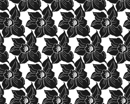 Monochrome seamless pattern with black silhouettes flowers Stock Illustration