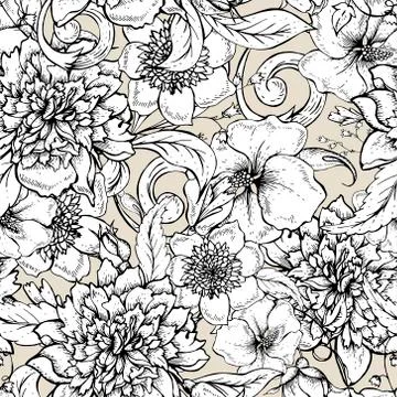 Monochrome seamless pattern with blooming peony Illustrazione stock