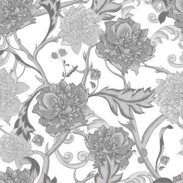 Monochrome seamless pattern with blooming peony Stock Illustration
