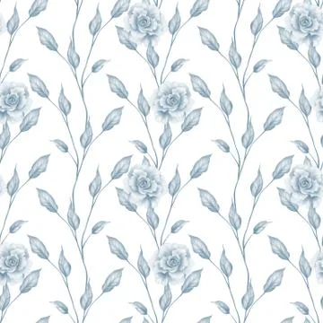 Monochrome seamless pattern of blue leaves and flowers on white background Stock Illustration