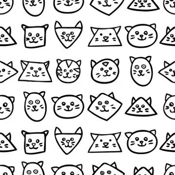 Monochrome seamless pattern with cat faces on white background Stock Illustration