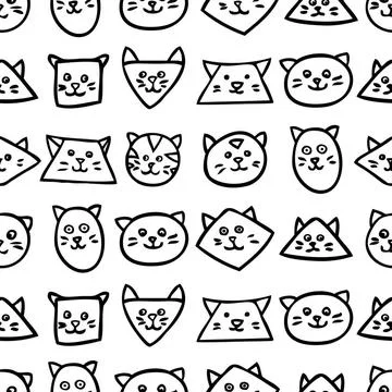 Monochrome seamless pattern with cat faces on white background. Monochrome... Stock Photos