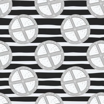 Monochrome seamless pattern with circle wood shield ornament. Grey and white  Stock Illustration