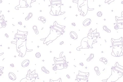 Monochrome seamless pattern with cute cats with VR devices in a virtual space Stock Illustration