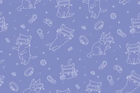 Monochrome seamless pattern with cute cats with VR devices in a virtual space Stock Illustration