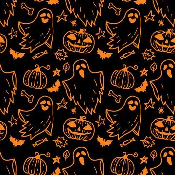 Monochrome seamless pattern of cute little cartoon ghosts on black background. Illustrazione stock
