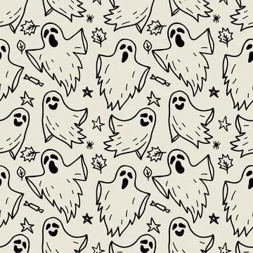 Monochrome seamless pattern of cute little cartoon ghosts on light background. Stock Illustration