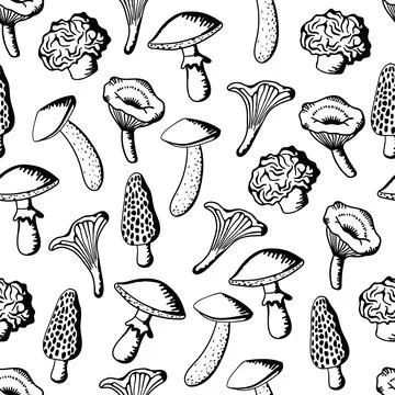 A monochrome seamless pattern featuring an array of mushrooms, creating a Stock Illustration