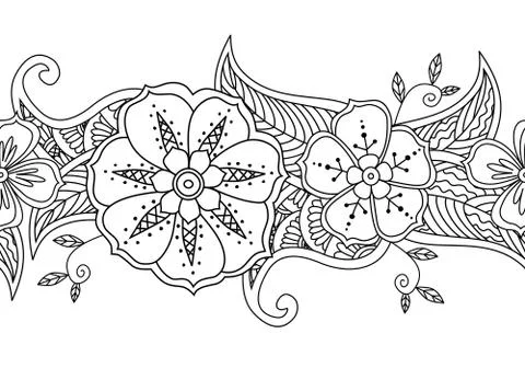 Monochrome seamless pattern floral border isolated on white background Illustrazione stock