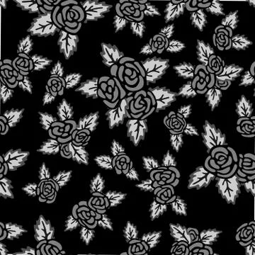 Monochrome seamless pattern. Hand drawn gray roses on black background Stock Illustration