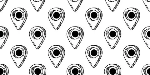 Monochrome seamless pattern with hand-drawn location pins on a white backgrou Stock Illustration