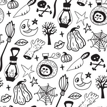 Monochrome seamless pattern of horror Halloween hand drawn doodle elements. Stock Illustration