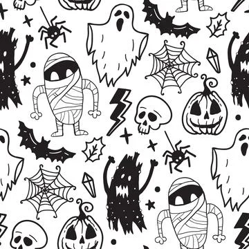Monochrome seamless pattern of horror Halloween hand drawn doodle elements. Stock Illustration