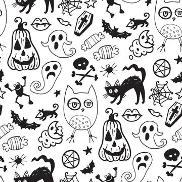 Monochrome seamless pattern of horror Halloween hand drawn doodle elements. Stock Illustration