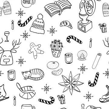Monochrome seamless pattern with hygge elements Stock Illustration