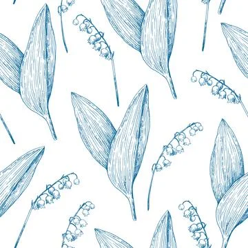 Monochrome seamless pattern with lilly of the valley flowers. Vector illust.. Stock Illustration
