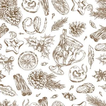 Monochrome seamless pattern with mulled wine, holly, pine cones, cinnamon Stock Illustration