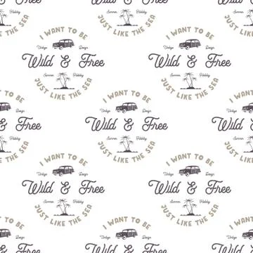 Monochrome seamless pattern with old style surf car, palms, sea and typography Stockillustratie