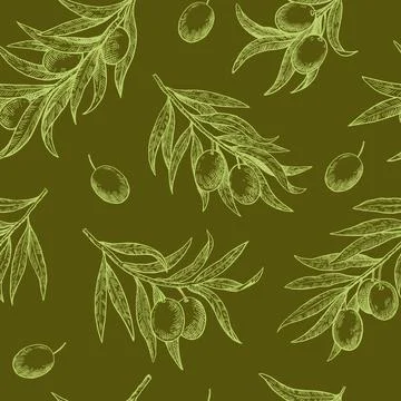 Monochrome seamless pattern of olive branches in engraving style. Hand-draw.. Stock Illustration