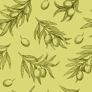 Monochrome seamless pattern of olive branches in engraving style. Hand-draw.. Stock Illustration