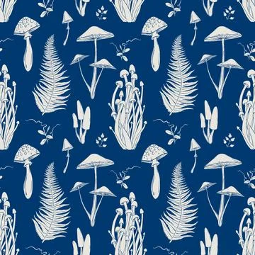 Monochrome seamless pattern with poisonous mushrooms and forest plants, hand Stock Illustration