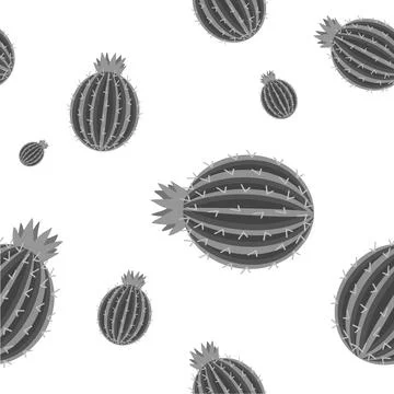 Monochrome seamless pattern with round prickly blooming cactus plants vector Illustrazione stock