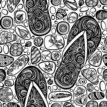 Monochrome Seamless Pattern with Sea Pebbles and Flip-flops Stock Illustration