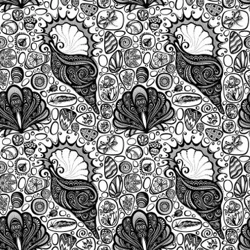 Monochrome Seamless Pattern with Sea Pebbles and Sea Shells Stock Illustration