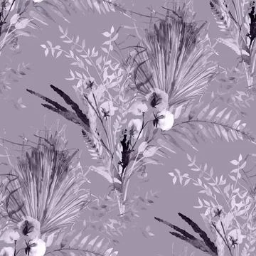 Monochrome seamless pattern with silhouettes of dry branches and leaves of palm Stock Illustration