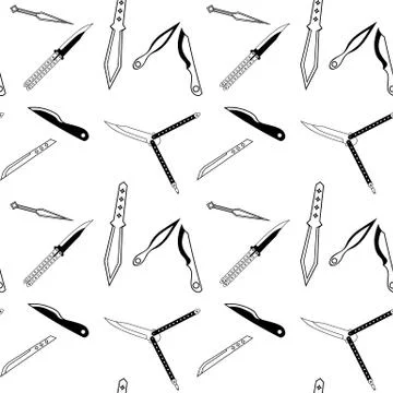 Monochrome seamless pattern with throwing knives and butterfly knives Stock Illustration
