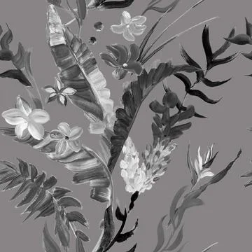 Monochrome seamless pattern with tropical dried plant painted with gouache Stock Illustration