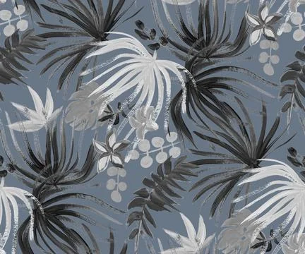 Monochrome seamless pattern with tropical dried plant painted with gouache Stock Illustration