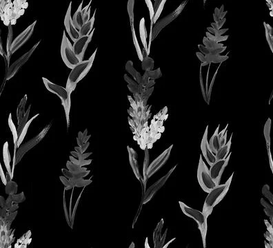 Monochrome seamless pattern with tropical dried plant painted with gouache Stock Illustration