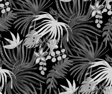 Monochrome seamless pattern with tropical dried plant painted with gouache Illustrazione stock