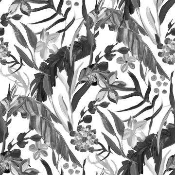 Monochrome seamless pattern with tropical dried plant painted with gouache Stock Illustration