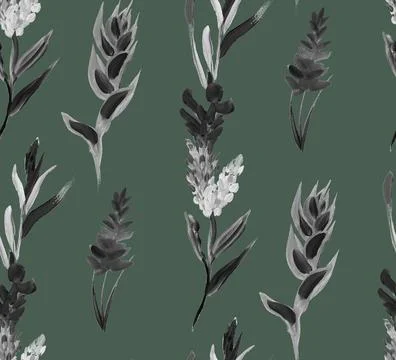 Monochrome seamless pattern with tropical dried plant painted with gouache Illustrazione stock