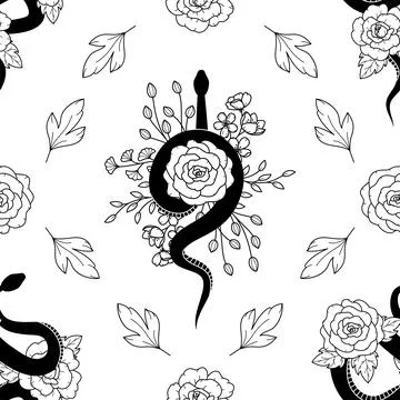 Monochrome seamless pattern with various snakes with flowers and leaves. Bota 스톡 일러스트