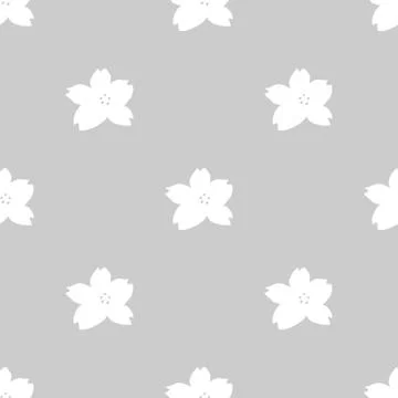 Monochrome seamless pattern with white cherry blossoms on light grey Stock Illustration