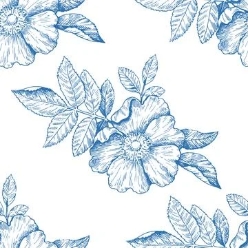 Monochrome seamless pattern with wild rose flowers. Vector illustration in .. Illustrazione stock