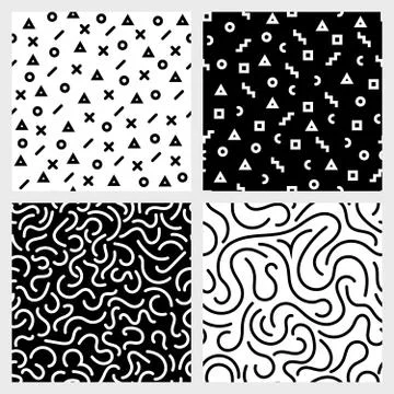 Monochrome seamless patterns vector set with abstract geometric shapes and Stockillustratie