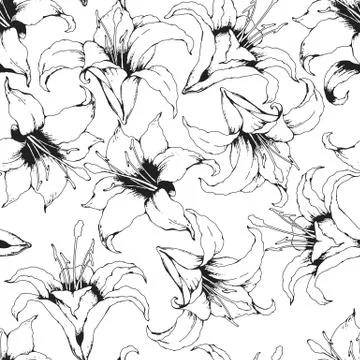 Monochrome seamless vector pattern with hand drawn black lilies and leaves is Illustrazione stock