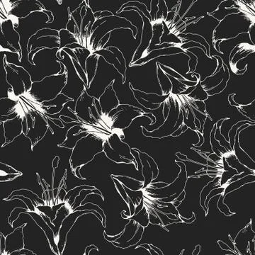 Monochrome seamless vector pattern with hand drawn white lilies and leaves is Illustrazione stock
