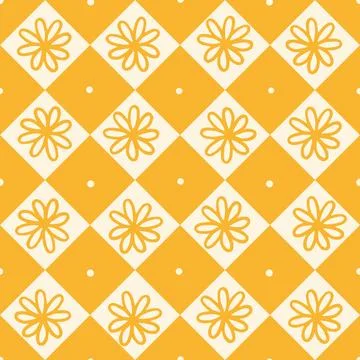 Monochrome seamless vector pattern with rombs and flowers Stock Illustration