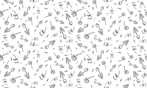Monochrome seamless vector pattern with simple flowers. Black botanical elements Stock Illustration