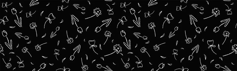 Monochrome seamless vector pattern with simple flowers. White botanical elements Illustrazione stock