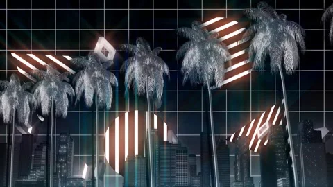 Monochrome side view driving in retro city with buildings, palm trees Stock Footage 288278983