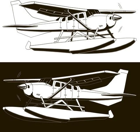 Monochrome sketch of a single-engine hydroplane, 2 options Illustrazione stock