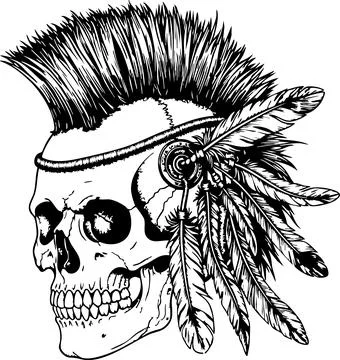 Monochrome skull drawing features a mohawk hairstyle and feathers against a w Stock Illustration